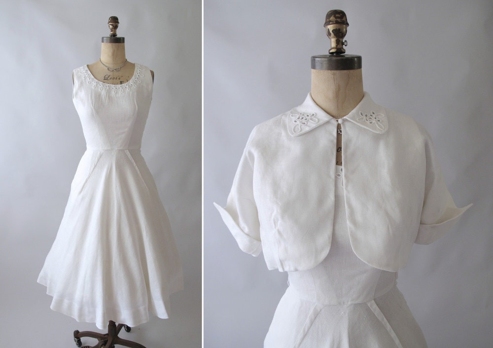 Vintage 1950s White Linen Wedding Dress and Jacket From RaleighVintage