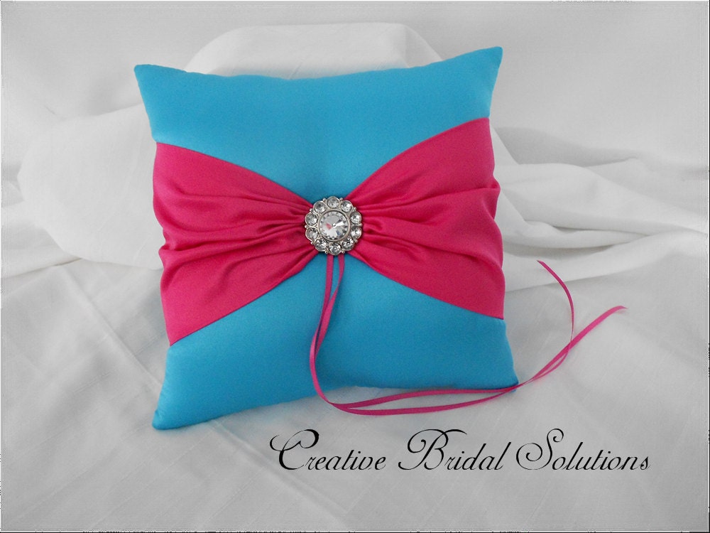 Turquoise and Fuchsia Wedding Ring Bearer Pillow turquoise wedding rings