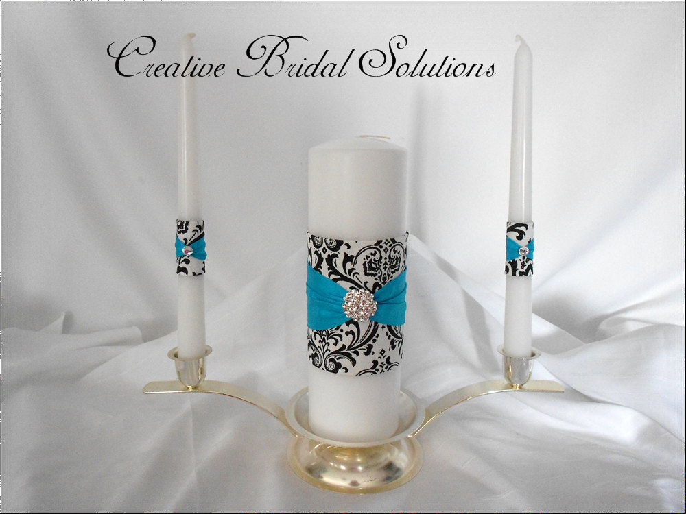 Black and White Madison Damask with Turquoise Wedding Unity Candle Set