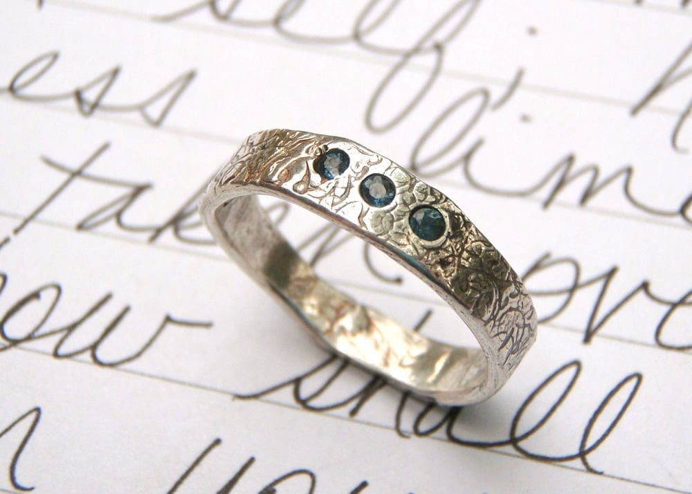 rustic recycled silver three stone wedding band ring genuine blue 