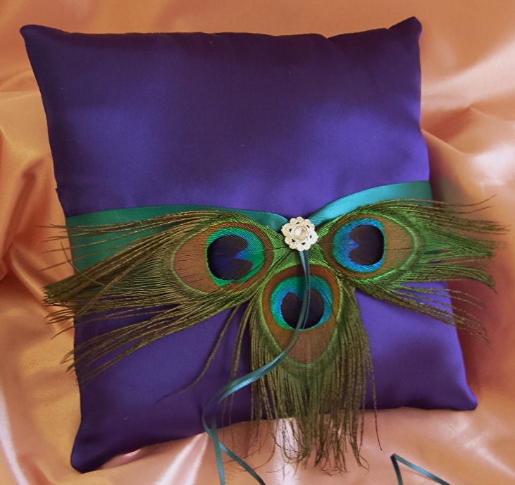 Peacock Feather Wedding Purple and Jade Wedding colors Ring Bearer Pillow