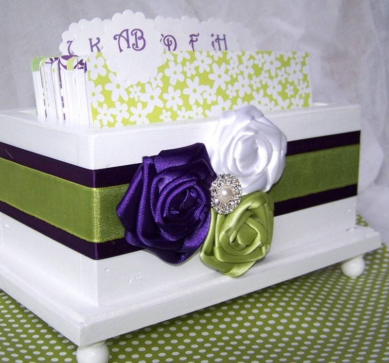 Wedding Guest Book BOX Purple and Lime Green White Wooden Box