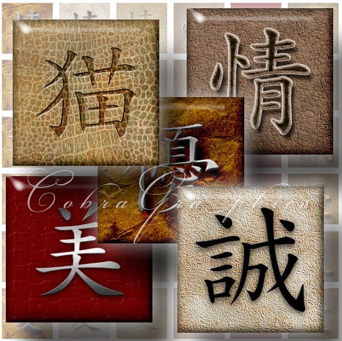 Japanese Symbols with meanings 1x1 in or other sizes Digital Collage 