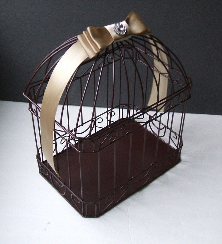 Chocolate Brown and Champagne Wedding Card Box Bird Cage with Rhinestone 