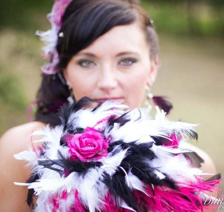 Ostrich Feathers Rose Flower Bridal Bouquet Crystal Accents Fuchsia Hot 