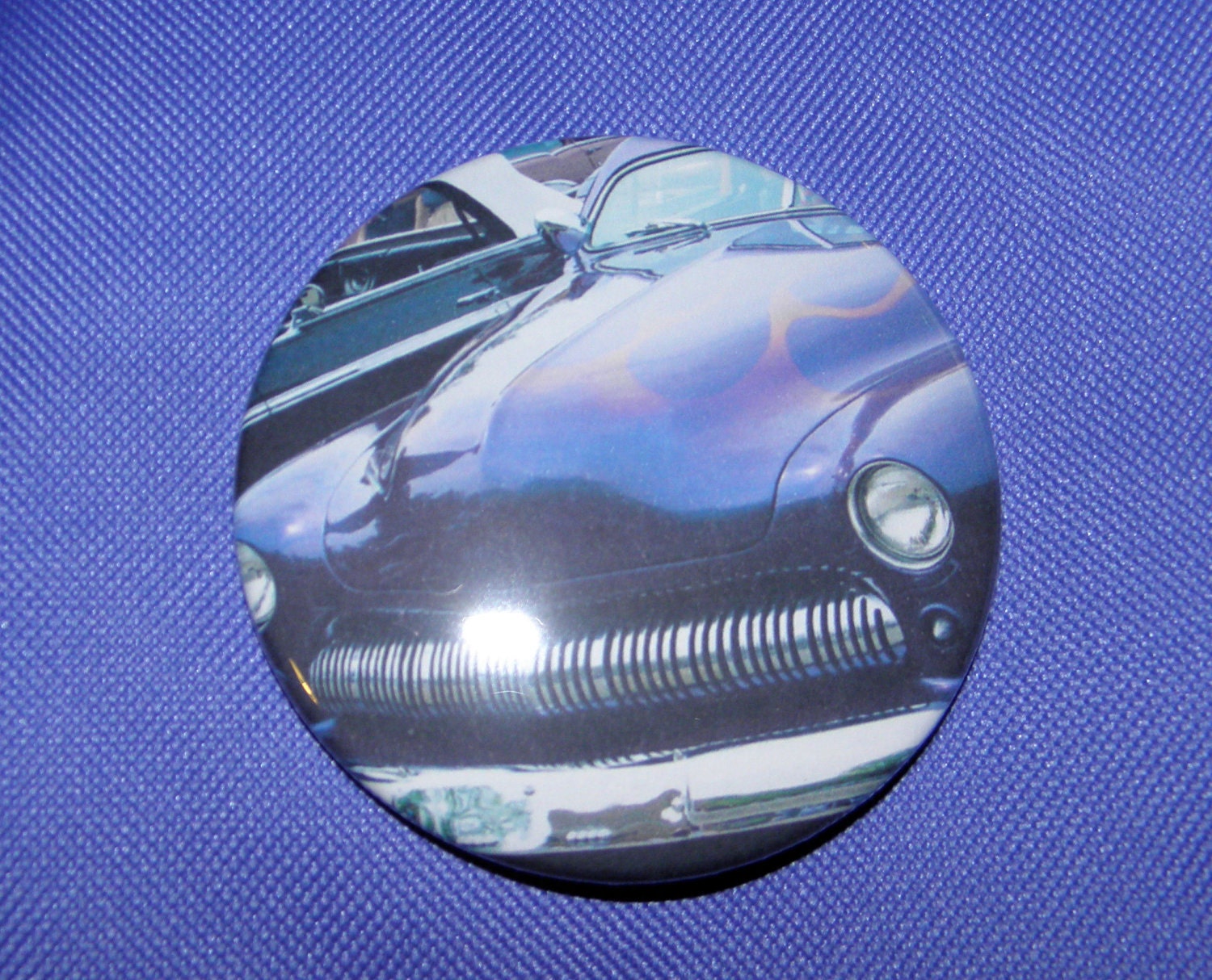 1949 Mercury Large Pin Back Button painted purple with flames