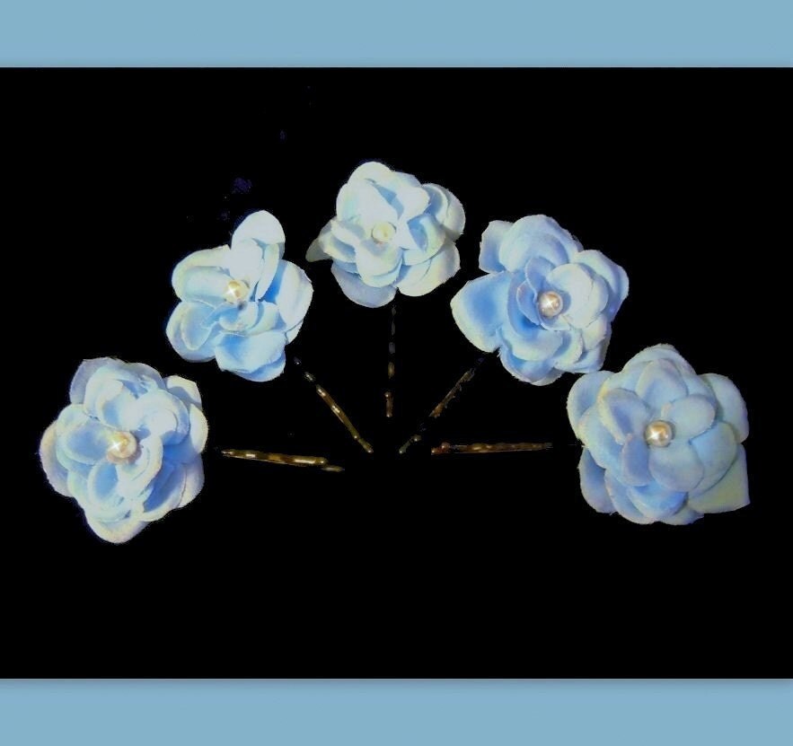 Sky Blue wedding fabric flower Hair clips Rose hair pins with Pearls