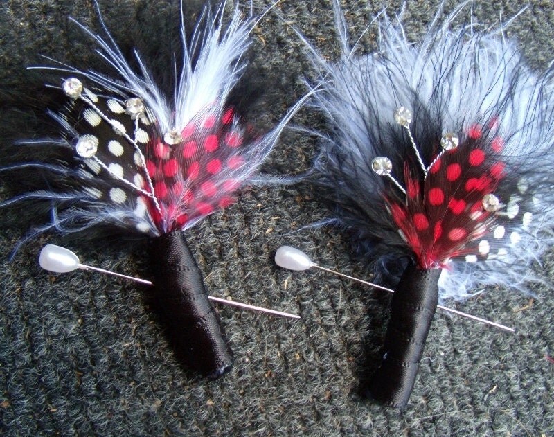 Feather Boutonnieres Boutineers Black White Red Wedding Boutonniere 