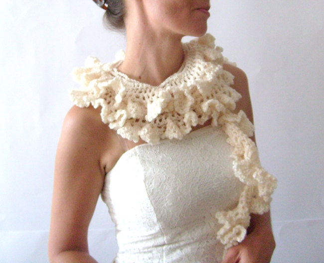 Cream Crochet Scarf Ruffle Curly Ivory Bridal Shabby Chic Weddings Ready 