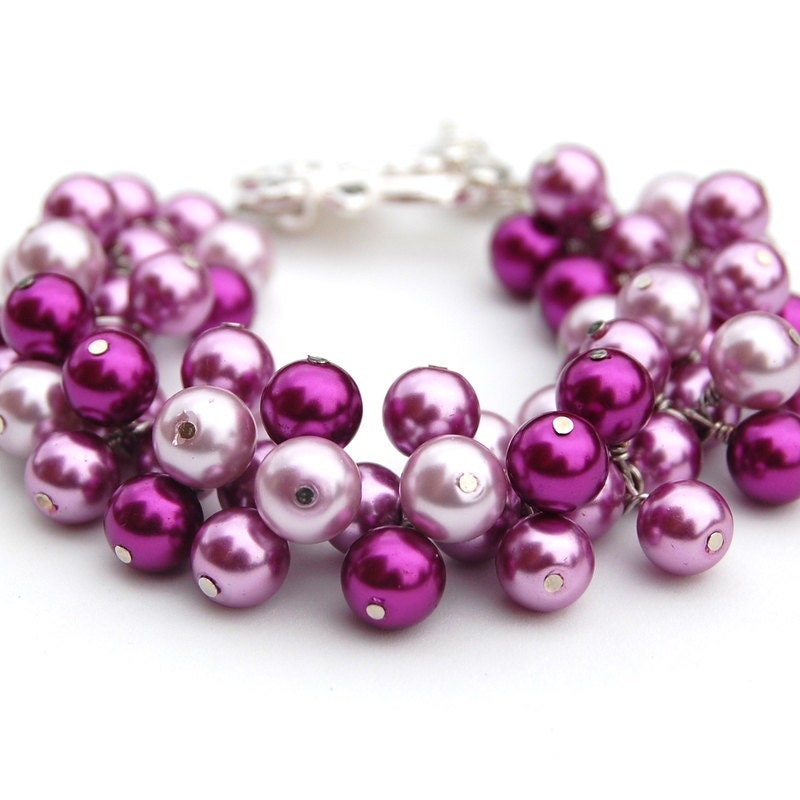 Pink Pearl Bracelet Magenta Purple and Lavender Pearl Cluster Bracelet 