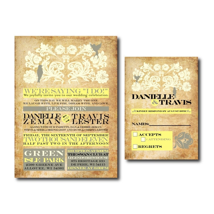 These vintage inspired wedding invitations feature a lovely floral design at