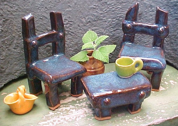 2 Miniature Clay Garden Chairs Bench SALE Midnight Blue Garden Decor