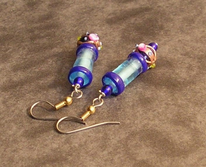 royal and light blue tube bead with blue wedding cake bead earrings and 