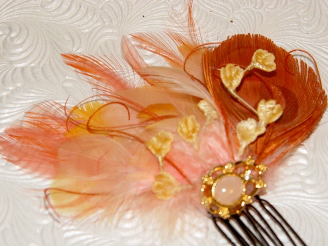 Vintage Sunset Orange Peacock Feather Fascinator Comb Bridal Wedding Hair
