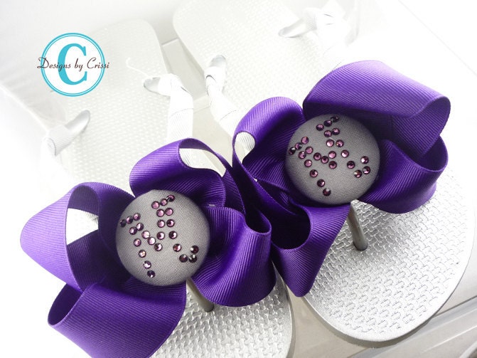 Eggplant Purple Silver Bridesmaid Flip Flops Rhinestone Bridal Party Wedding