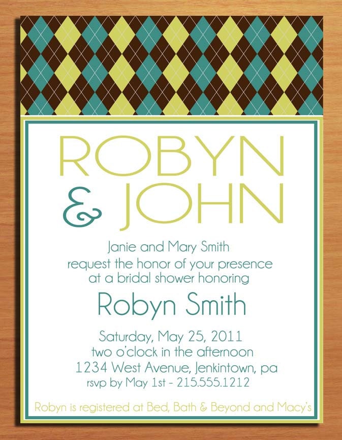 Customized Printable Lime and Teal Argyle Bridal Shower Invitations DIY