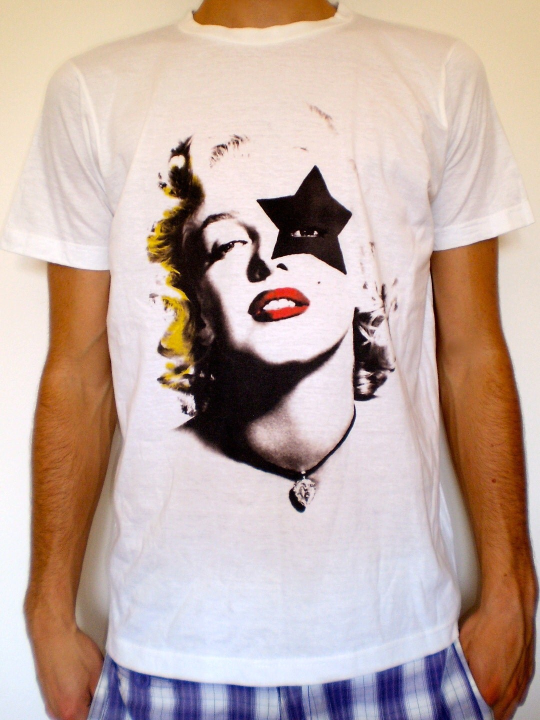 Tshirt for men white printed tee Marilyn Monroe and black star