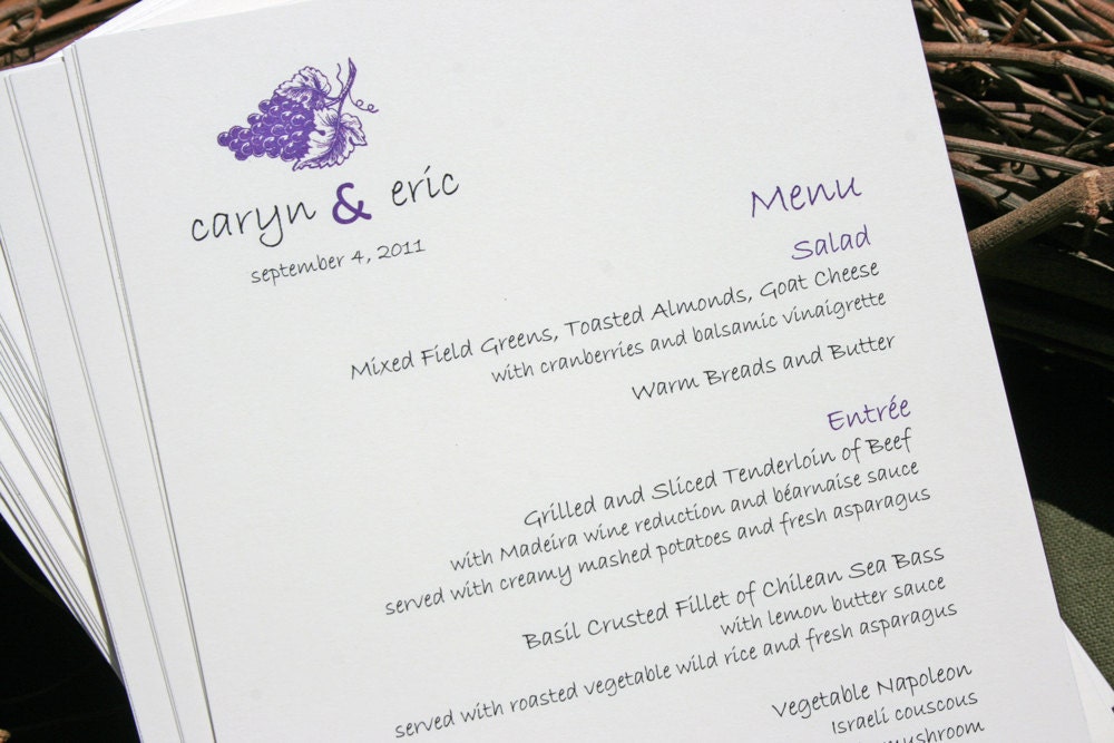 Vineyard Grape Wedding Menu Cards in Purple set of 50