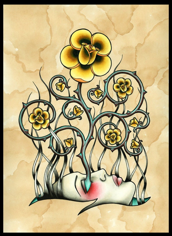 Yellow Rose Girl Tattoo Flash