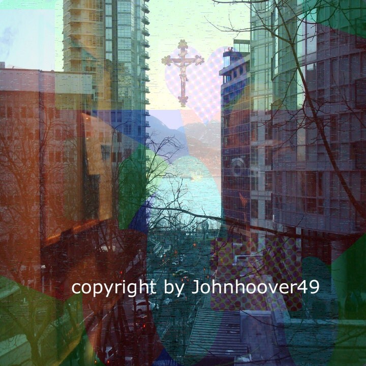 Crucifix in the sky 1988 Vancouver Skyline, art, collage, digital,