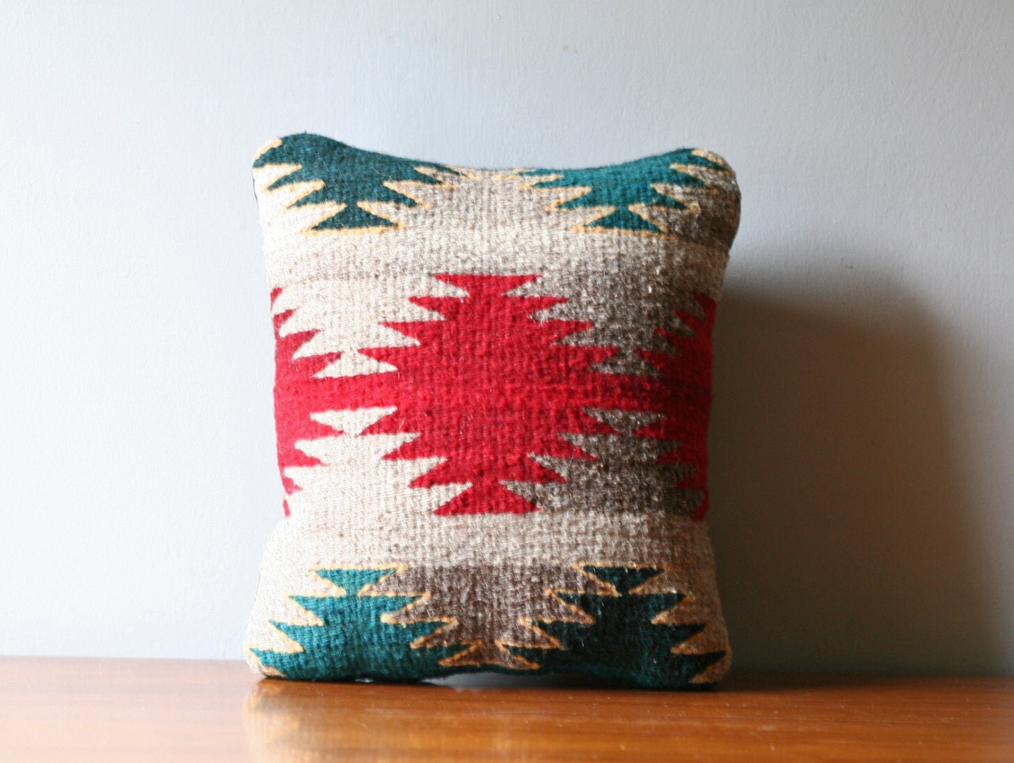 S A L E kilim rug accent pillow red green tribal pattern