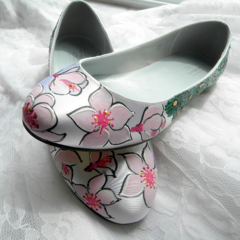Wedding shoes peacock flats and apple tree blossoms From norakaren