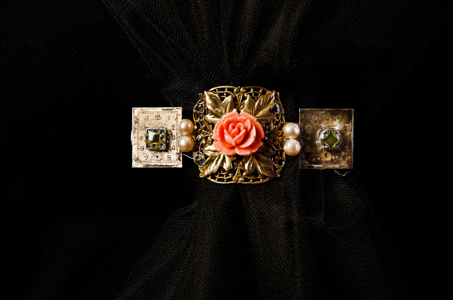 upcycled barrette with gold-toned flower centerpiece