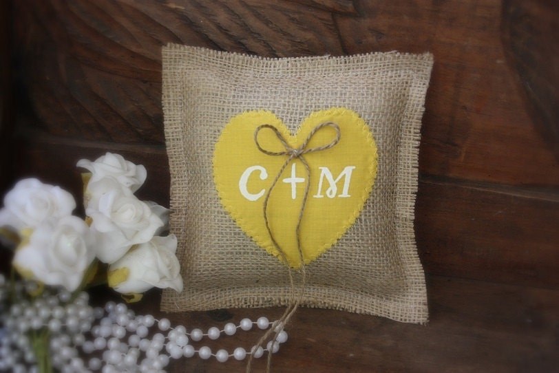 Rustic burlap with a canary yellow fabric heart personalized with your 