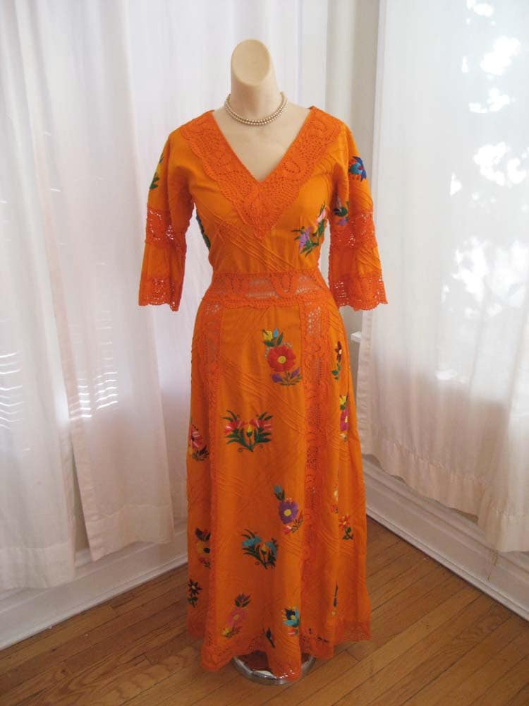 S A L E Vintage Tangerine Mexican Wedding Dress Frida Kahlo Embroidered 