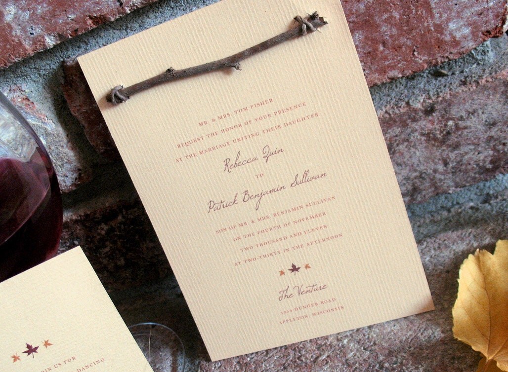 Rustic Autumn Wedding Invitation with wood branch From JacquelineAnnInvites