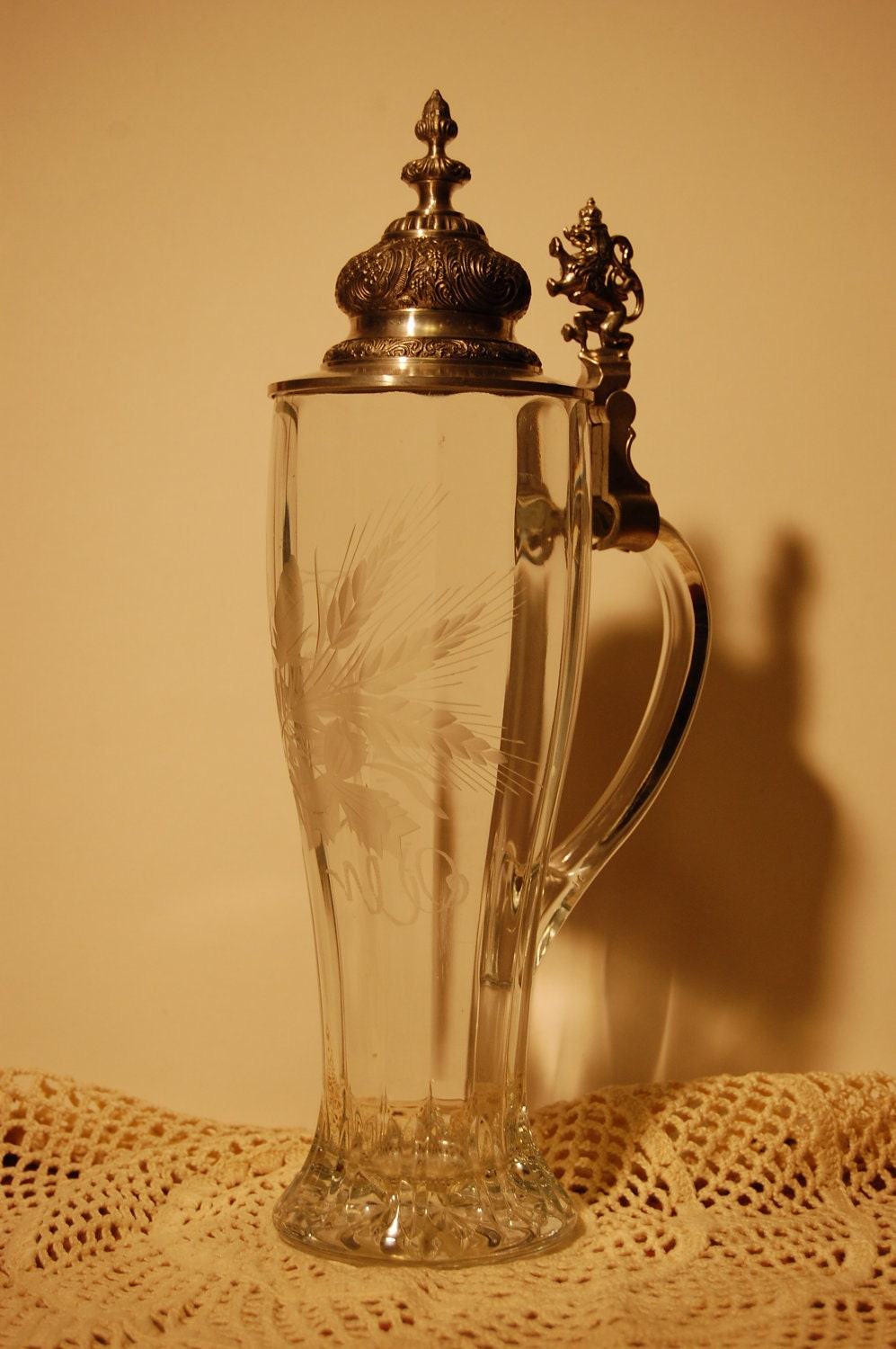 Etched Glass Beer Stein Pewter Lion Rampant Hinged Lid West Germany