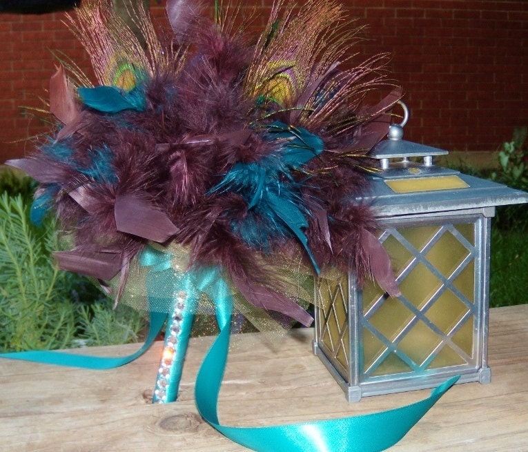 Peacock Feather Wedding Bouquet Small Chocolate Brown Teal Turquoise