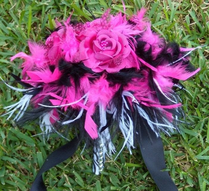 Feathers Rose Flowers Bridal Bouquet Fuchsia Hot Pink and Black Wedding 