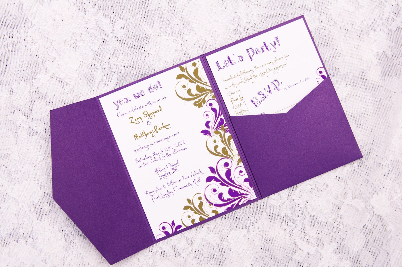 folding wedding invitations purple and green