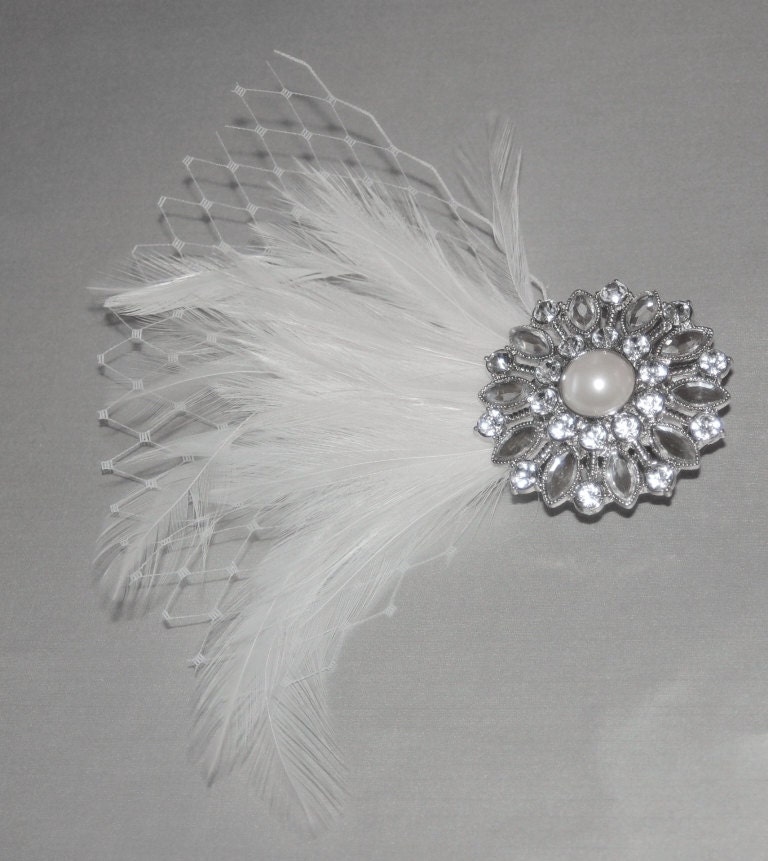White Bridal Feather Fascinator Rhinestone Head Piece Birdcage veil bridal