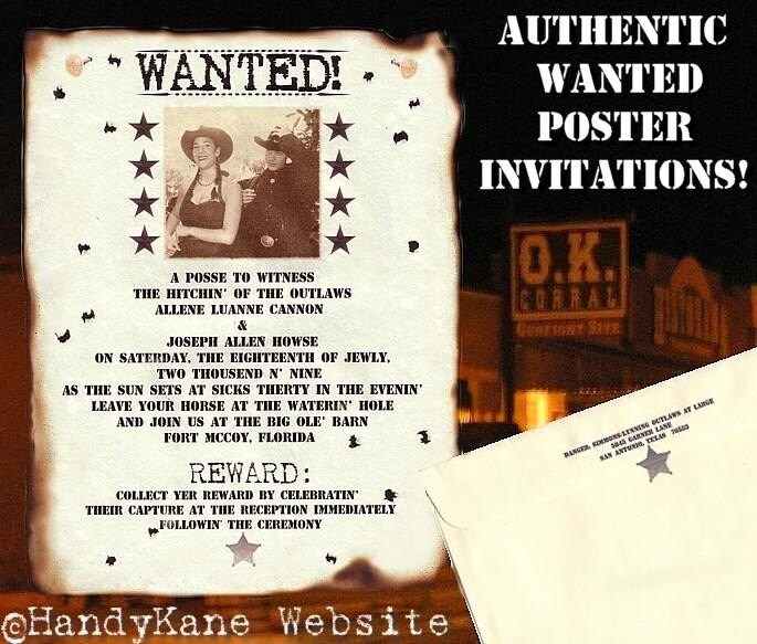 PHOTO WANTED poster Western COWBOY Wedding INVITATIONS 50 Package FREE 