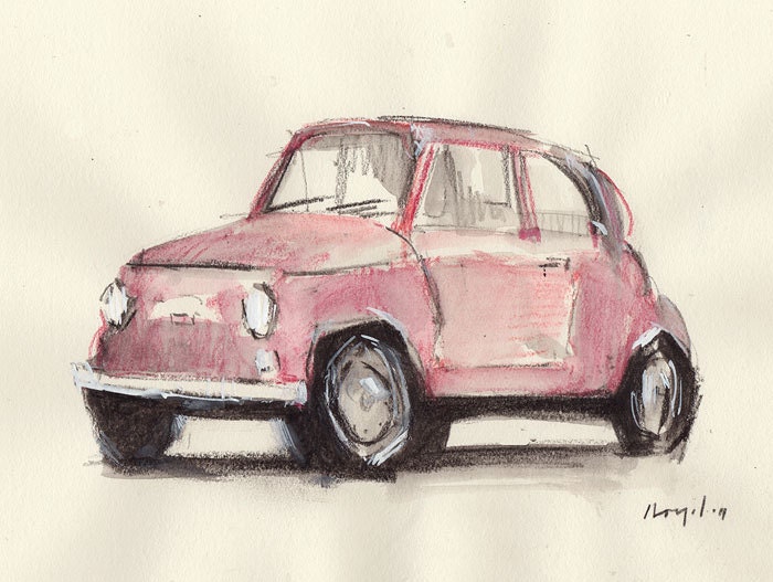 Original Painting Auto Car Retro Fiat 500 Red Watercolor Sketch Drawing 5x7 