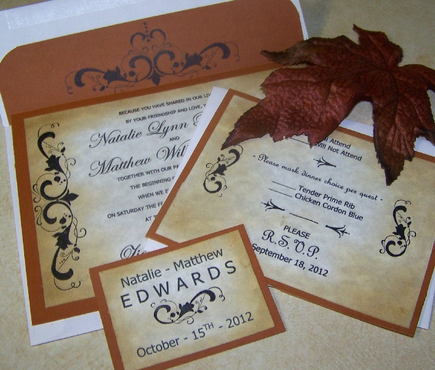 Luxurious Autumn Wedding Invitation Set Very Vintage RSVP Reception 