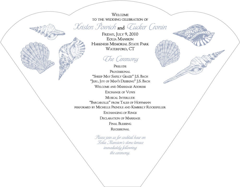 THIS LISTING IS FOR A SET OF 25 Blue Seashells Wedding Itinerary Fans that