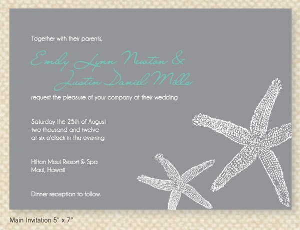 DIY Custom Wedding Invitation Modern Star Fish Destination Wedding Theme 