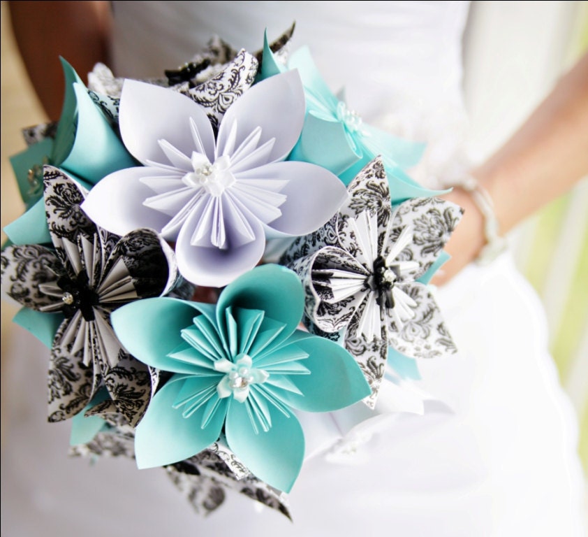 Tiffany Blue Damask Origami Bridal Bouquet From NewZLynn