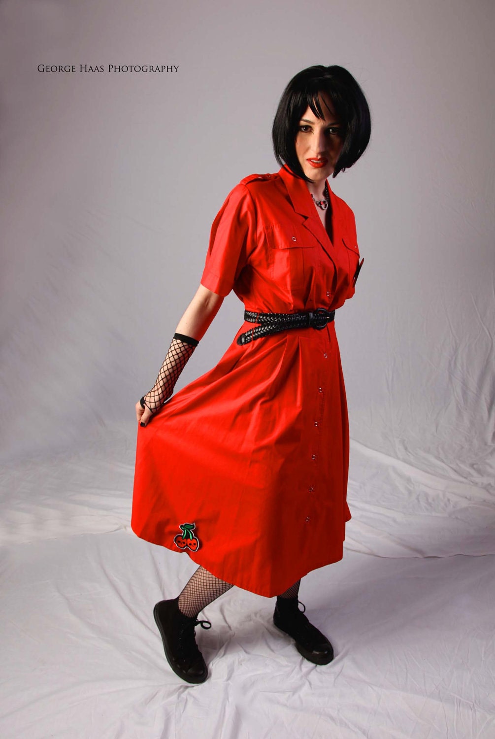 vintage 1980s rockabilly punk red button up dress with shoulder tabs, skull patch, cherry skull patch