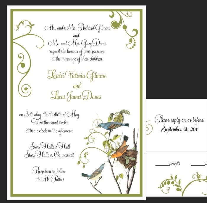 Birds and Swirls Wedding Invitations Outdoor Wedding Moss Green Sample