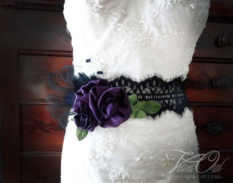 Genevieve Bridal sash deep egg plant purple peacock black lace bridal belt