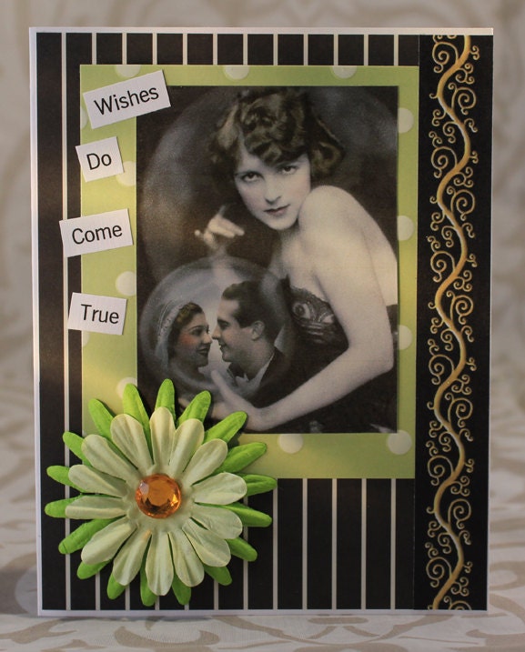 Mixed media Wedding card with vintage image and lemongrass paper flowers