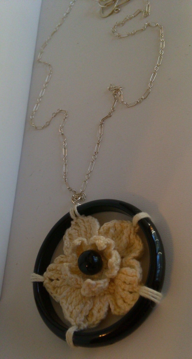 Black Agate and Crochet Ivory Flower Necklace CTN001