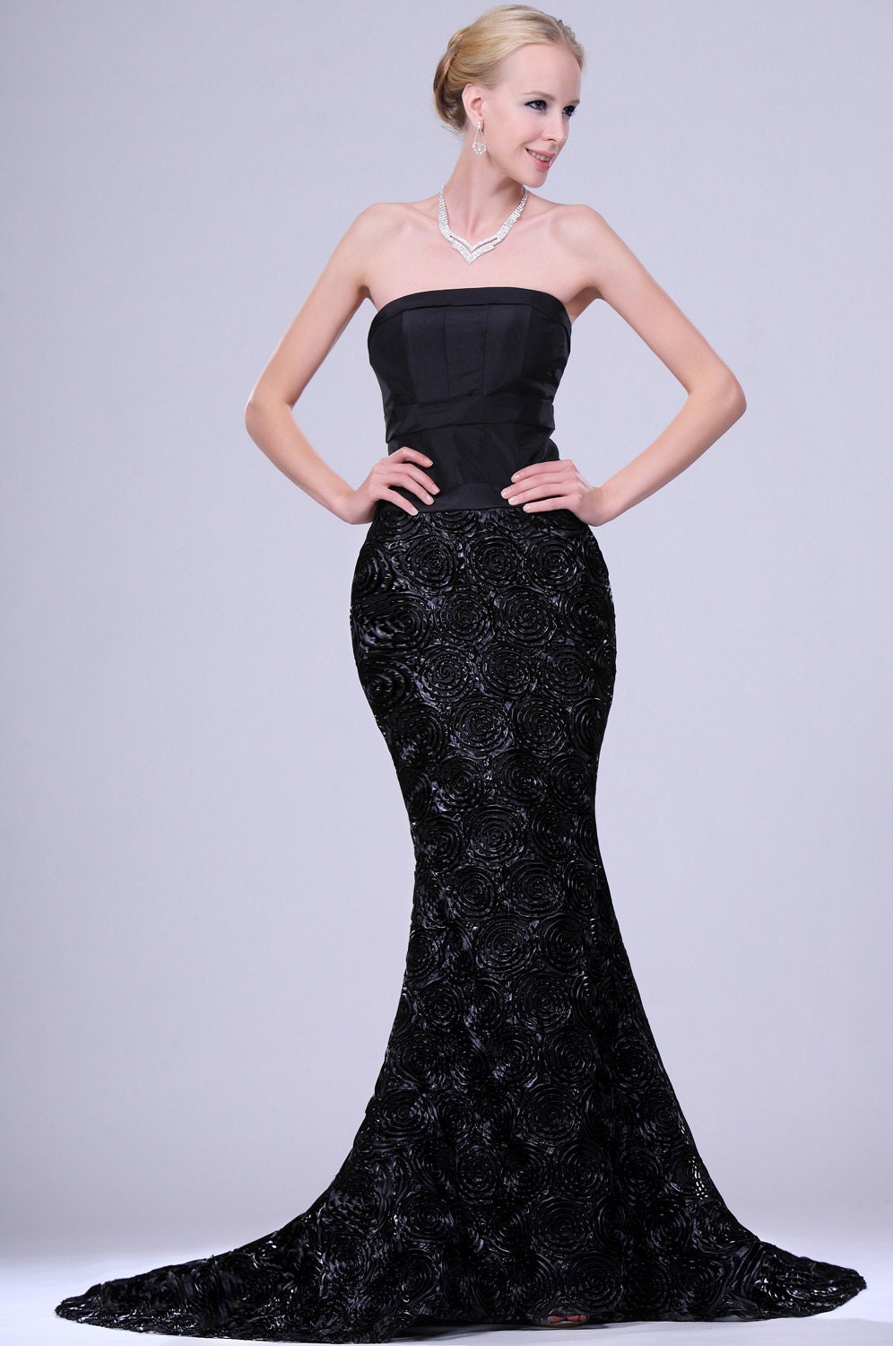 black strapless evening gown