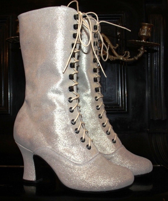 Wedding Glitter White Boots Unicat Victorian Boots style lace up ORDER 