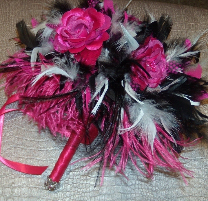 Ostrich Feathers Rose Flowers Bridal Bouquet Fuchsia Hot Pink Black 