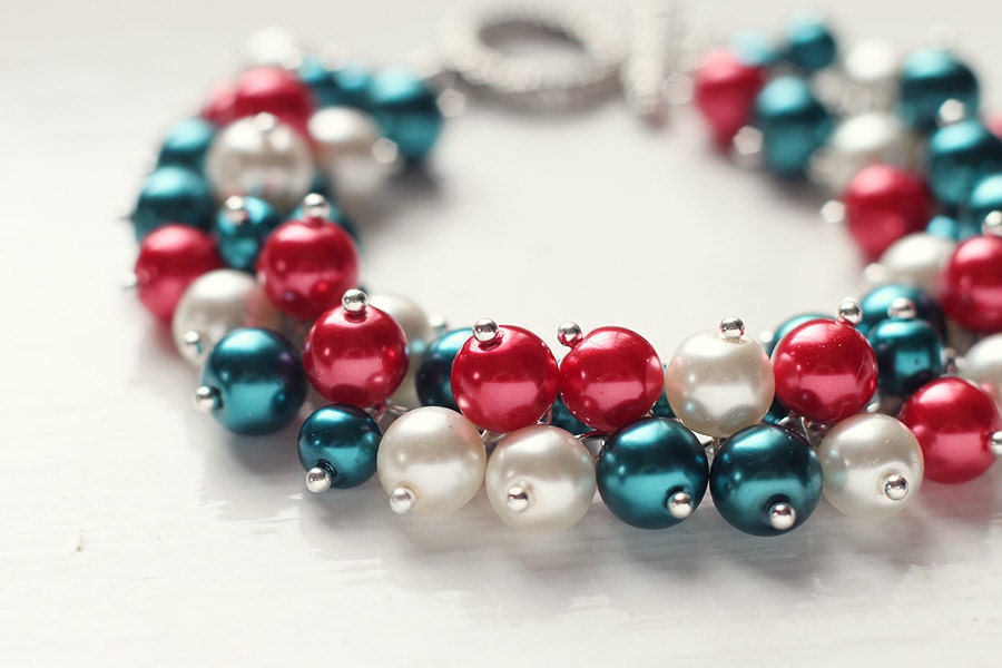 Deep Teal and Red Christmas Wedding Bridesmaid Jewelry Pearl Cluster 